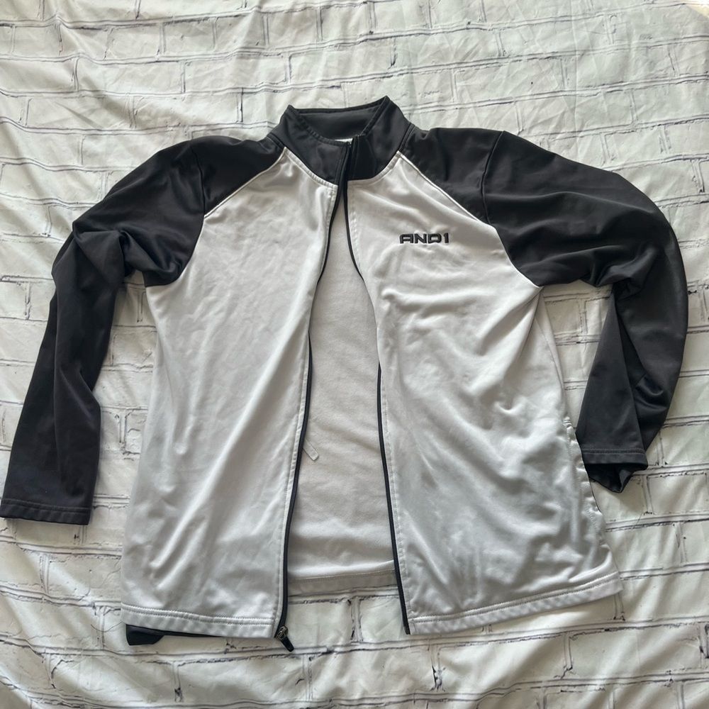 AND1 Black White Zip Up Track Jacket Men’s Large Athletic Retro Warm-Up Y2K